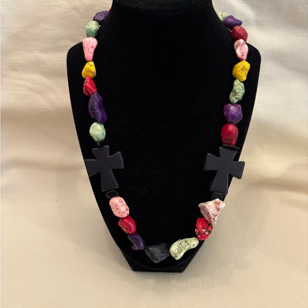 Multicolor Beaded Necklace with Black Cross Accents
